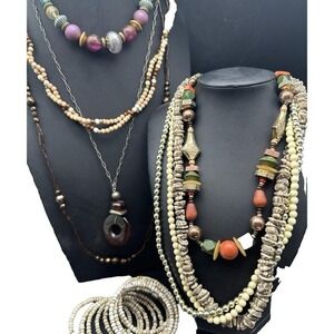 Vintage Lot Necklaces Robert Rose Wood Boho Ethnic Stone‎ Beaded Bronze Tone